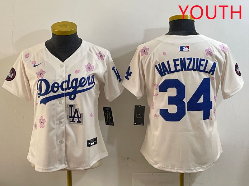 Youth Los Angeles Dodgers #34 Valenzuela Cream Sakura Edition 2025 Nike MLB Jersey style 9